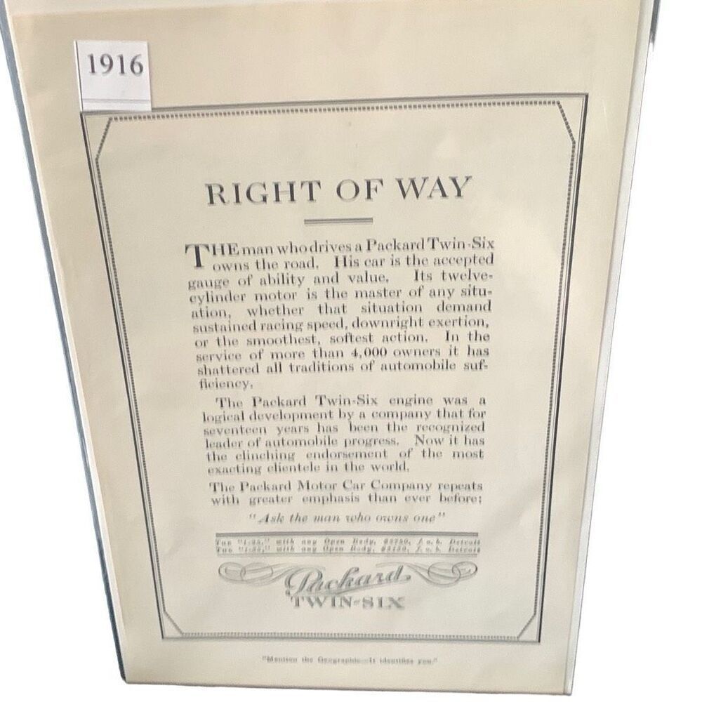 Vintage 1916 Packard Six Right of Way Ad Advertisement